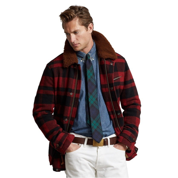 Polo Country Ralph Lauren Shearling-Collar Plaid Barn Coat Mens S P Buffalo Wool